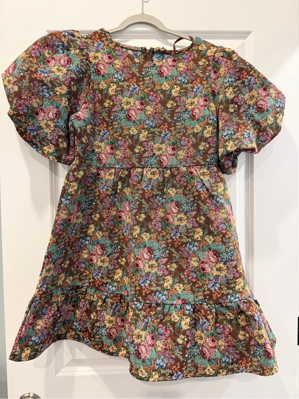 Womens Floral Puff-Sleeve Brown Floral Jacquard Dress